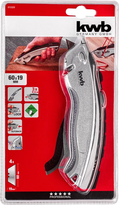 KWB PROFESSIONAL ERGONOMIC TRAPEZOID BLADE SAFETY KNIFE WITH CORD CUTTER   fémházas több funkciós trapézpengés kés    49013320