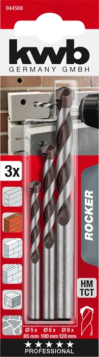 KWB EXPERT HM, TCT ROCKER ® CONCRETE AND MASONRY DRILL BIT SET  hengeres fúrószár klt. 3 db   85/50 x 5.0,  100/60 x 6.0,  120/80 x 8.0 mm   49044568 