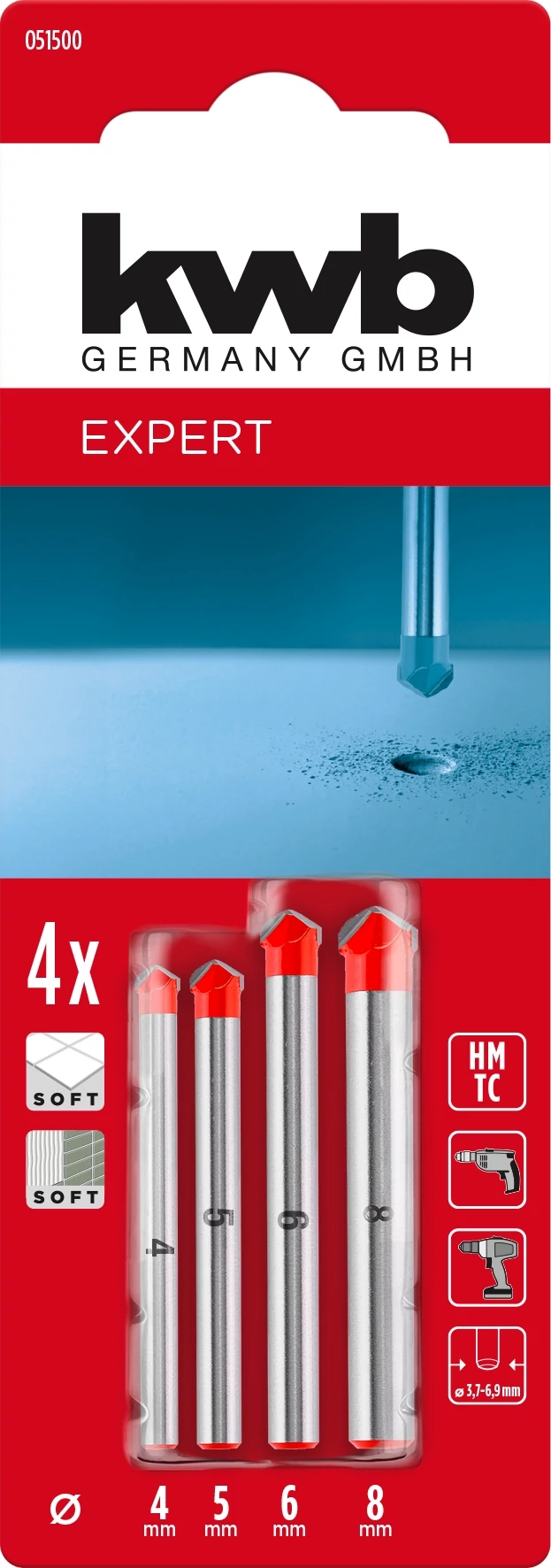 KWB EXPERT HM, TCT SOFT CERAMIC DRILL SET hengeres befogású soft kerámiafúró klt.  4 db4.0, 5.0, 6.0, 8.0 mm 49051500