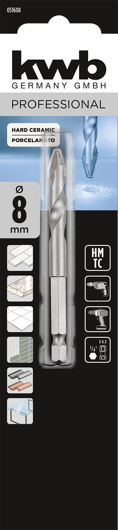 KWB PROFESSIONAL HEXAGON LONG LIFE HM, TCT PORCELAIN STONEWARE DRILL BIT hexagon befogású kemeny kerámiafúró  8,0 mm  49051608
