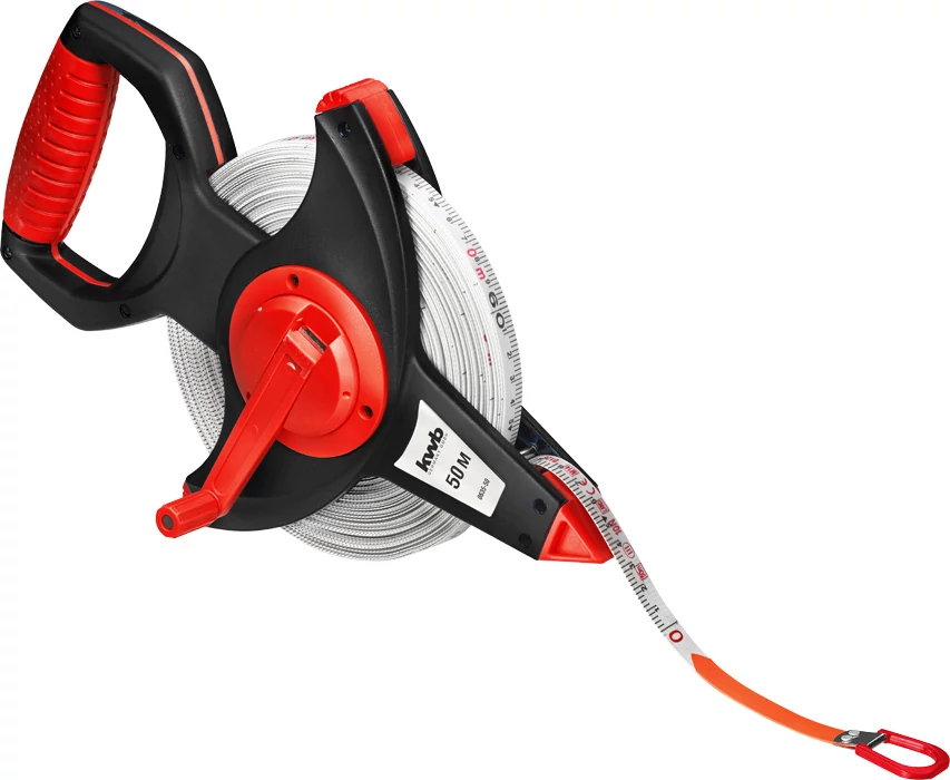 KWB PROFI OPEN FRAME TAPE MEASURE üvegszálas mérőszalag, mindkét oldalra nyomtatva, csuklópánttal, 2-komponensű műanyag házzal, visszatekercselő fogantyú időtakarékos 1:3 sebességváltóval,  ásófogantyúval, EG típusjóváhagyással, III. 13 mm x 50 m 
