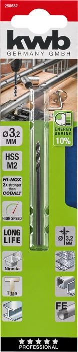 KWB PROFESSIONAL HI-NOX HSS-M2 METAL DRILL  hengeres fémfúrószár  65 x 20 x 3,2 mm   49258632