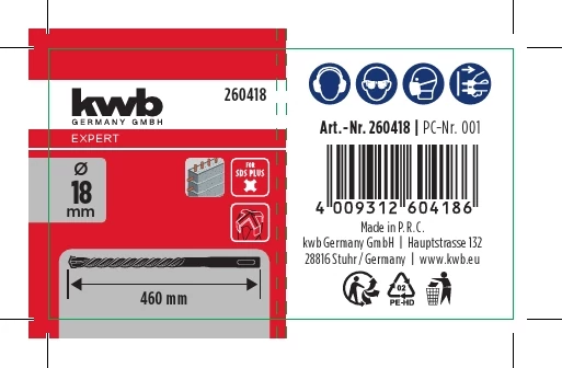 KWB EXPERT HM, TCT HB4X SDS PLUS HAMMER DRILL BIT  négy élű vasbeton fúrószár  460/400 x 18 mm49260418
