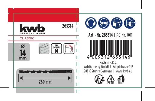 KWB CLASSIC HM, TCT SDS PLUS HB2 HAMMER DRILL BIT
két élű fúrószár   
260/210 x 14 mm
49265314