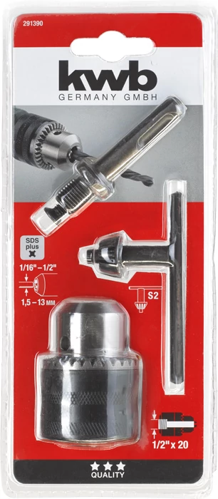 KWB CLASSIC bordázott ütésálló fúrótokmány tokmánykulcs és SDS Plus adapterrel, belső menet: B  1,5-13 mm  DIN 6349 L    49291390