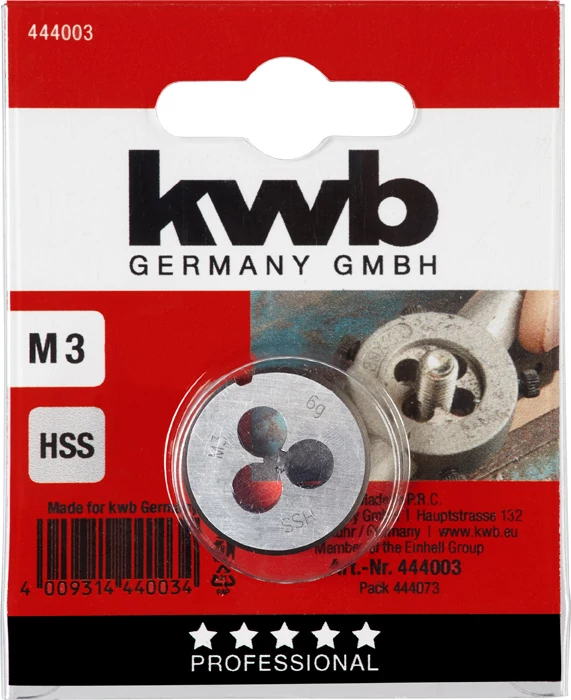 KWB PROFESSIONAL HSS ROUND DIE kézi menetmetsző menetemelkedés: 0.5   M3   25 mm  49444003