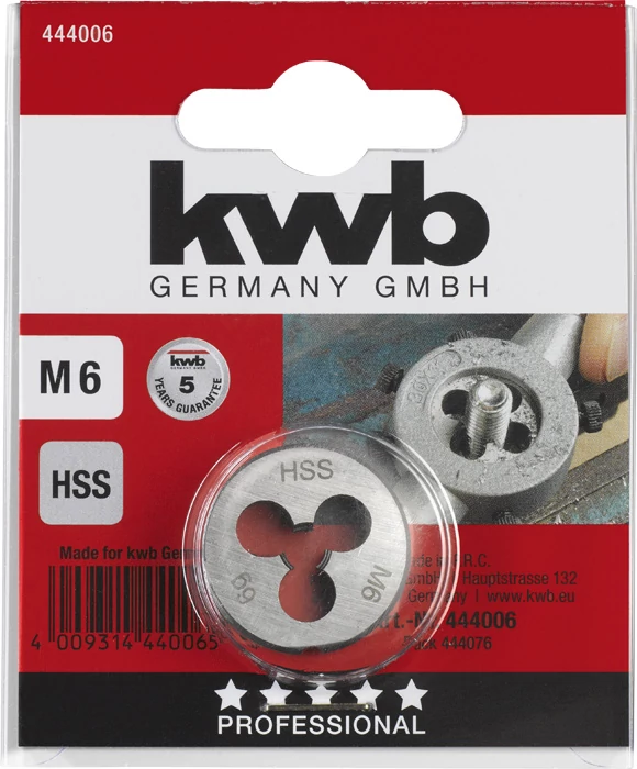 KWB PROFESSIONAL HSS ROUND DIE  kézi menetmetsző menetemelkedés: 1.0   M6   25 mm    49444006
