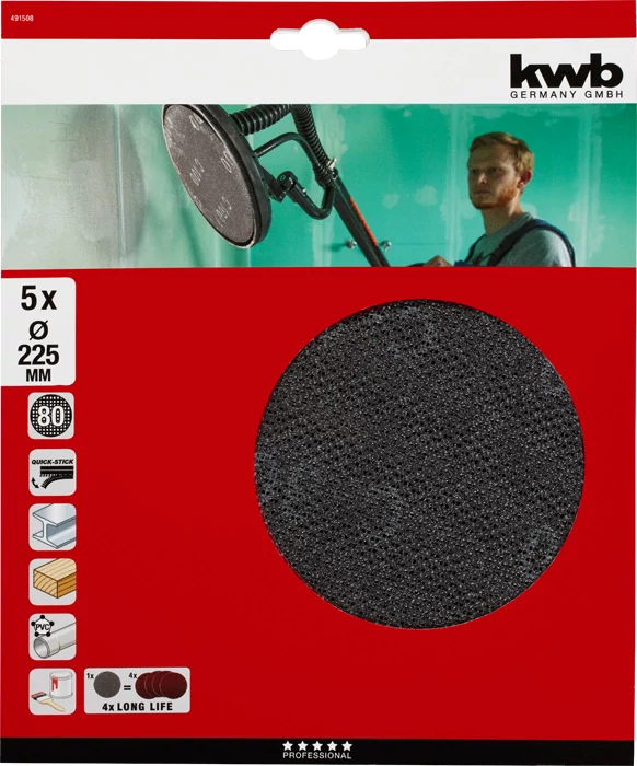KWB EXPERT ABRASIVE QUICK-STICK WOOD & PAINT üvegszálas csiszolórács  5 db  225 mm  G80    49491508