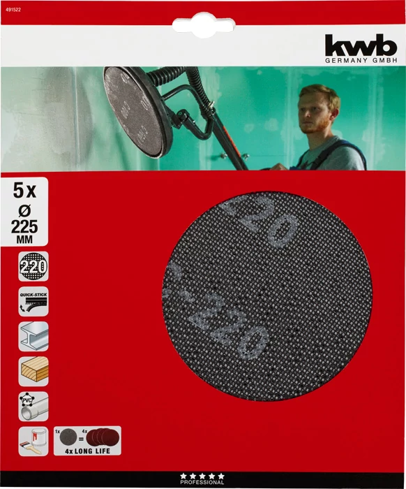 KWB EXPERT ABRASIVE QUICK-STICK WOOD & PAINT üvegszálas csiszolórács 5 db  225 mm  G220     49491522