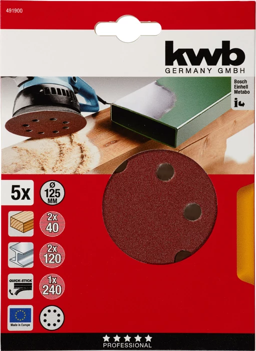 KWB EXPERT QUICK-STICK ALUMINIUM OXIDE SANDING DISCK for WOOD & METAL  csiszolókorong klt. 5 db 2 x G40, G120 1 x G240     49491900