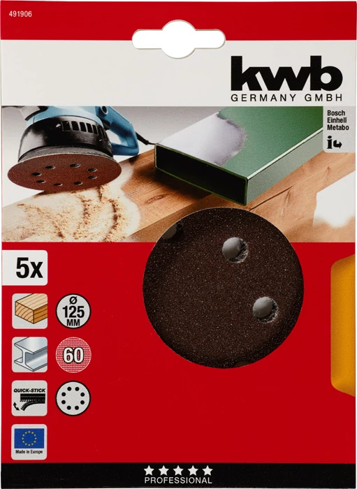 KWB EXPERT QUICK-STICK ALUMINIUM OXIDE SANDING DISCK for WOOD & METAL  tépőzáras csiszolókorong 5 db 125 mm  G60   49491906