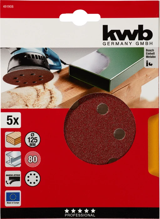 KWB EXPERT QUICK-STICK ALUMINIUM OXIDE SANDING DISCK for WOOD & METAL  tépőzáras csiszolókorong 5 db 125 mm  G80   49491908