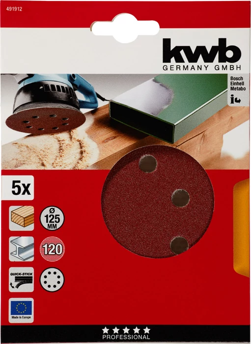 KWB EXPERT QUICK-STICK ALUMINIUM OXIDE SANDING DISCK for WOOD & METAL  tépőzáras csiszolókorong 5 db 125 mm  G120   49491912