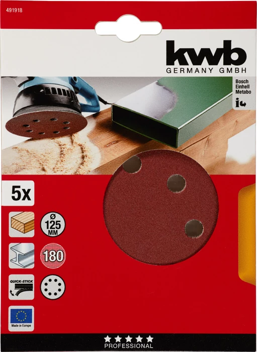 KWB EXPERT QUICK-STICK ALUMINIUM OXIDE SANDING DISCK for WOOD & METAL  tépőzáras csiszolókorong 5 db 125 mm  G180    49491918
