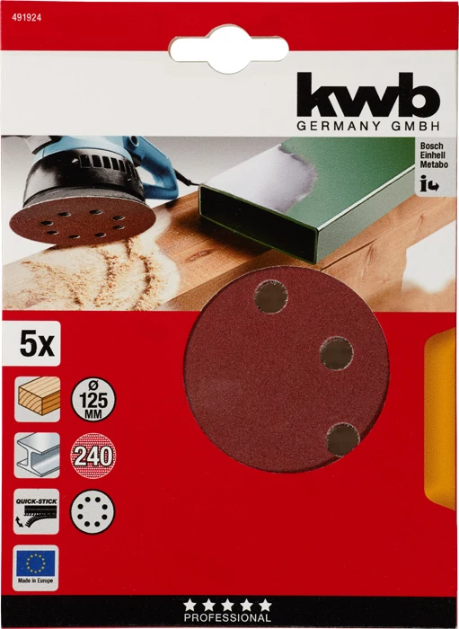 KWB EXPERT QUICK-STICK ALUMINIUM OXIDE SANDING DISCK for WOOD & METAL  tépőzáras csiszolókorong 5 db 125 mm  G240    49491924