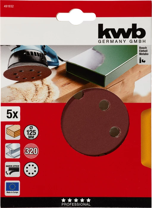 KWB EXPERT QUICK-STICK ALUMINIUM OXIDE SANDING DISCK for WOOD & METAL  tépőzáras csiszolókorong 5 db 125 mm  G320    49491932