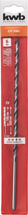 KWB EXPERT CrV EXTRA LONG WOOD DRILL BIT hengeres befogású fafúrószár  250/185 x 6,0 mm 49511806