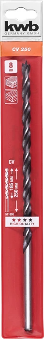 KWB EXPERT CrV EXTRA LONG WOOD DRILL BIT hengeres befogású fafúrószár  250/185 x 8,0 mm  49511808