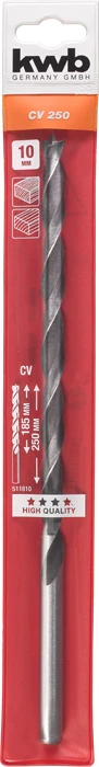 KWB EXPERT CrV EXTRA LONG WOOD DRILL BIT hengeres befogású fafúrószár  250/185 x 10,0 mm  49511810