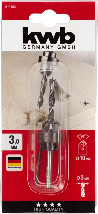 KWB EXPERT CrV WOOD DRILL SET WITH SLIP-ON COUNTERSINK AND DEPTH STOP süllyesztő fúró C45 szénacél mélység határólóval  3.0 mm  49513103