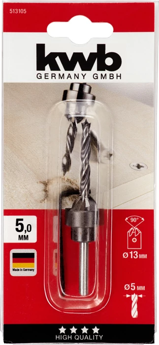 KWB EXPERT CrV WOOD DRILL SET WITH SLIP-ON COUNTERSINK AND DEPTH STOP süllyesztő fúró C45 szénacél mélység határólóval  5.0 mm 49513105