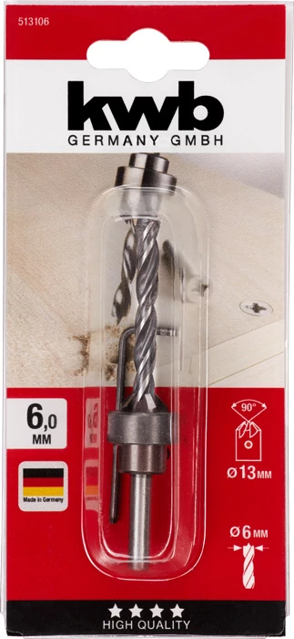 KWB EXPERT CrV WOOD DRILL SET WITH SLIP-ON COUNTERSINK AND DEPTH STOP süllyesztő fúró C45 szénacél mélység határólóval  6.0 mm  49513106