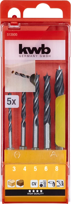 KWB CLASSIC CrV 2-PHASE FLUTES WOOD DRILL BIT SET  hegxagon befogású fafúrószár klt. 5 db    3.0, 4.0, 5.0, 6.0, 8.0 mm  49513900