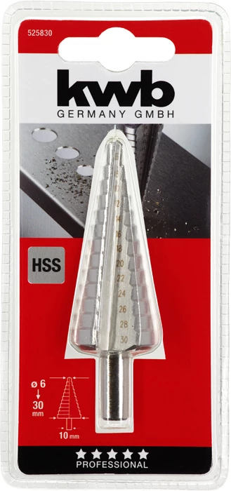 KWB PROFESSIONAL HSS STEP DRILL lépcsősfúró 2 mm osztással INOX, acél, acéllemez, színesfém, PVC    6-30 x 8 mm    49525830