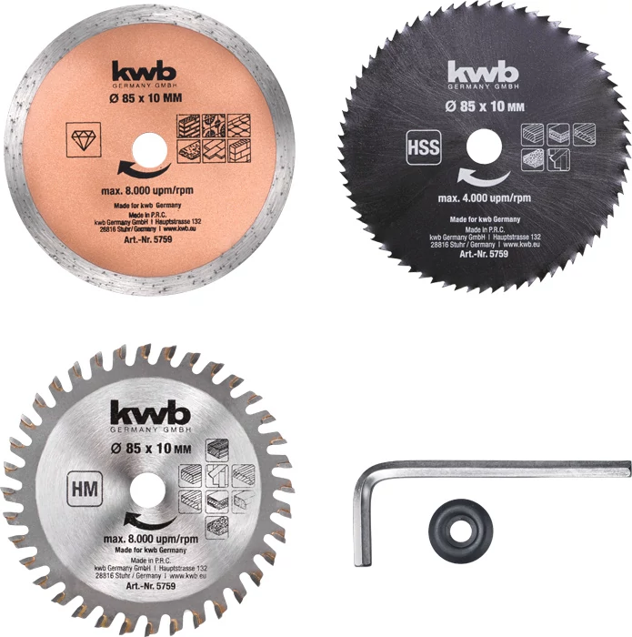 KWB PROFI HSS, HM, TCT, DIAMAND MINI SAW BLADE SET
mini körfűrészlap klt. 5 db
HSS 85 x 10 mm  HM, TCT 85 x 10 mm  GYÉMÁNT: 85 x 10 mm