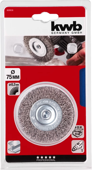 KWB PROFI INOX WHEEL BRUSH WITH STAINLESS STEEL WIRE CRIMPED csapos kerékkefe normál vastag durva  0,3 x 75 x 6 mm    49609830