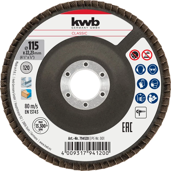 KWB CLASSIC CORUND ABRASIVE FLAP DISC FOR METAL G120 115 x 22,23 mm